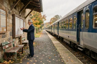 Conducteur de train régional sur un quai de gare rurale en automne avec feuilles mortes et panneau horaires