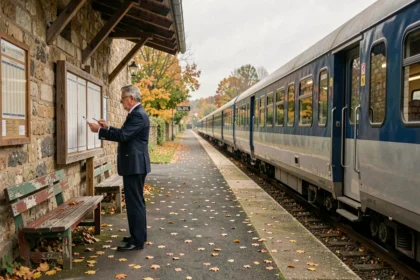Conducteur de train régional sur un quai de gare rurale en automne avec feuilles mortes et panneau horaires