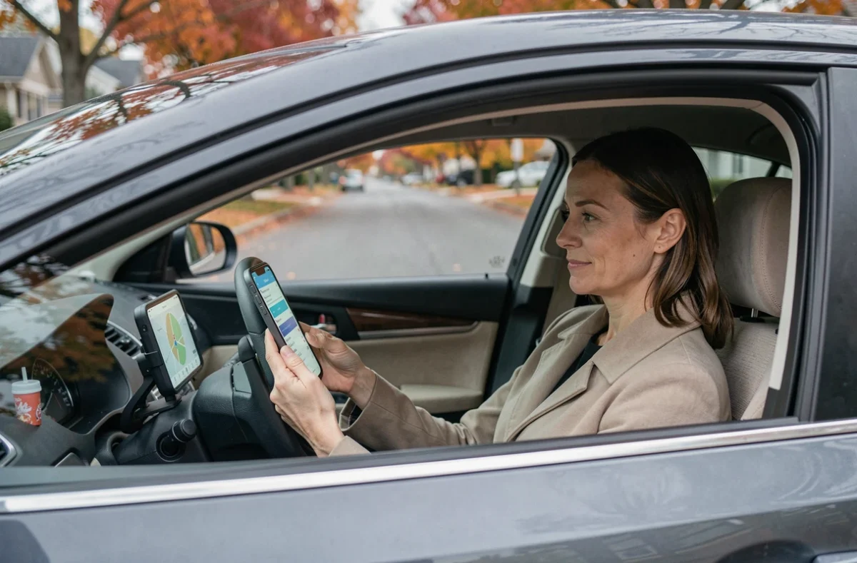 Conductrice de covoiturage vérifiant l'application de mobilité depuis l'habitacle de sa voiture dans un quartier résidentiel