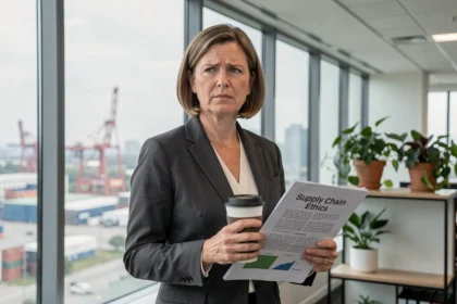 Cadre féminin tenant un rapport éthique et une tasse réutilisable, illustrant le conflit entre pratiques durables et décisions professionnelles