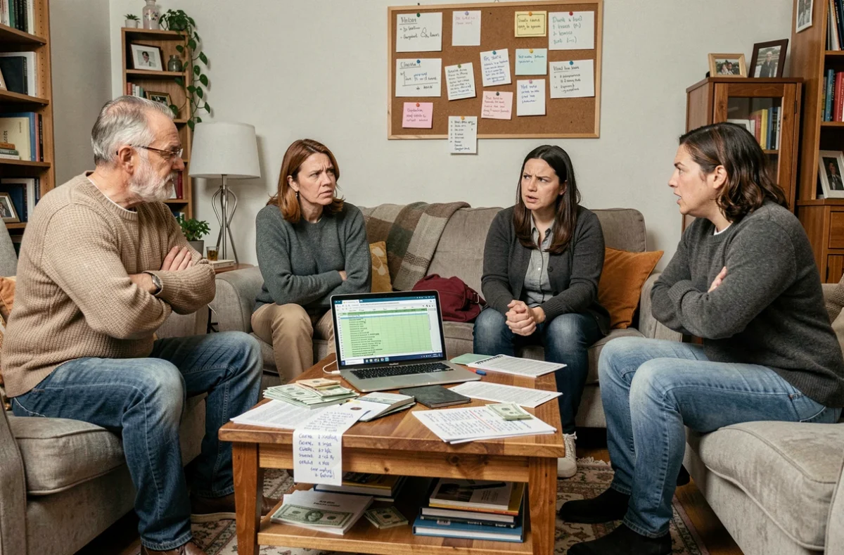 Quatre colocataires en désaccord autour d'un tableau de tâches et de factures partagées, illustrant les conflits de gestion en vie communautaire