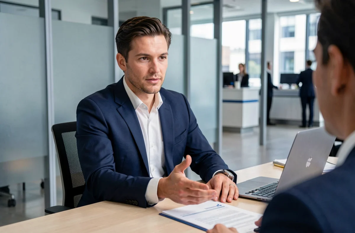Conseiller bancaire expliquant des frais bancaires à un client dans une agence moderne