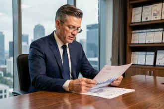 Conseiller financier analysant des graphiques de fonds d'investissement dans un bureau professionnel