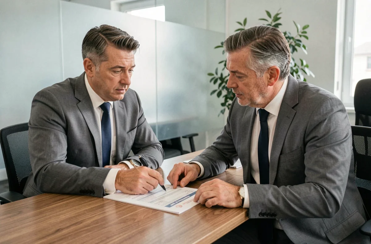 Homme en costume discutant de son revenu fiscal de référence avec un conseiller fiscal dans un bureau professionnel
