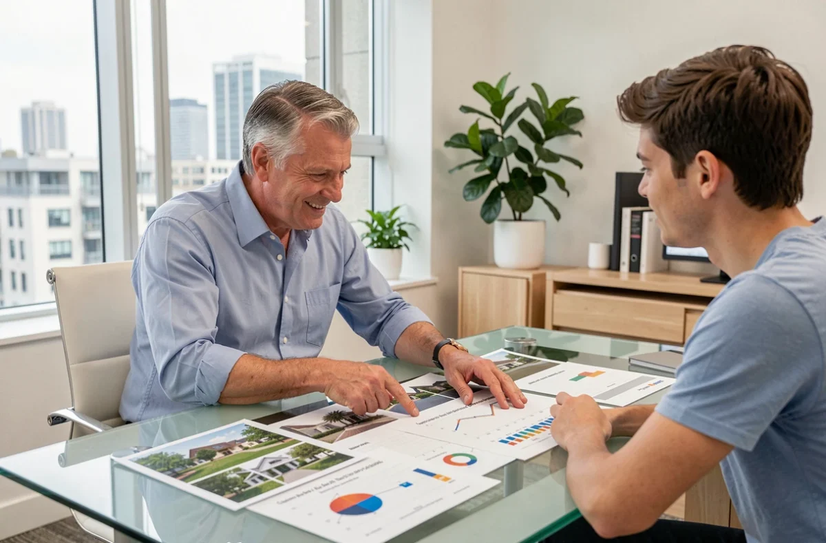 Conseiller immobilier présentant des graphiques de rendement locatif à un jeune épargnant dans une agence moderne
