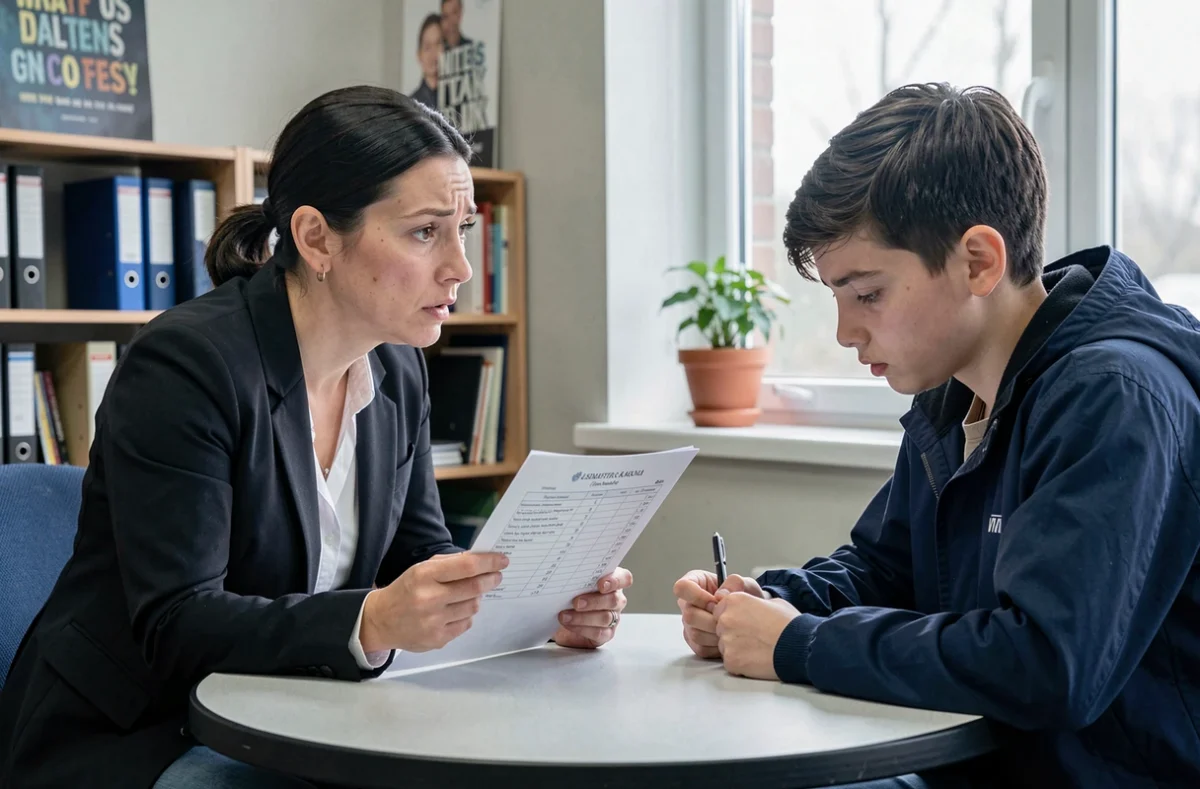 Conseillère scolaire en entretien avec un adolescent dans un bureau d'orientation, tenant un bulletin scolaire avec de mauvaises notes, scène illustrant le suivi des élèves en situation d'échec scolaire