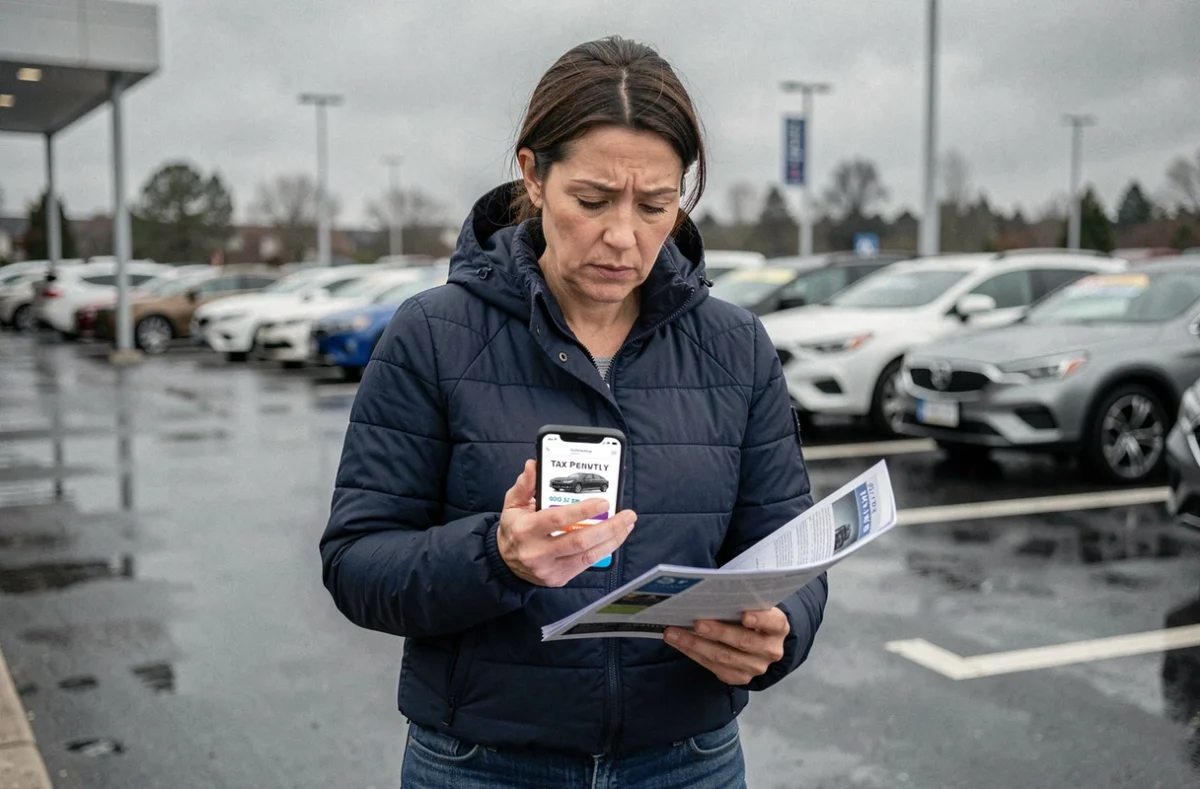 Femme consultant le malus écologique sur son smartphone devant une concession automobile