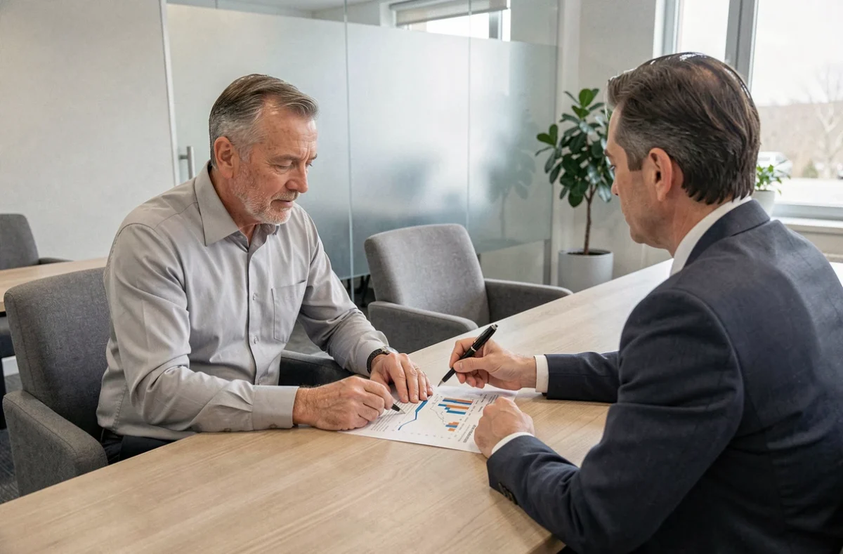 Homme en consultation avec un conseiller financier dans une agence bancaire moderne pour investir un héritage