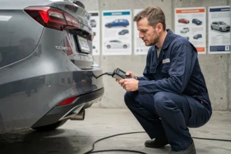 Technicien mesurant les émissions d'échappement d'une voiture diesel conforme à la norme Euro 6c lors d'un contrôle technique en garage