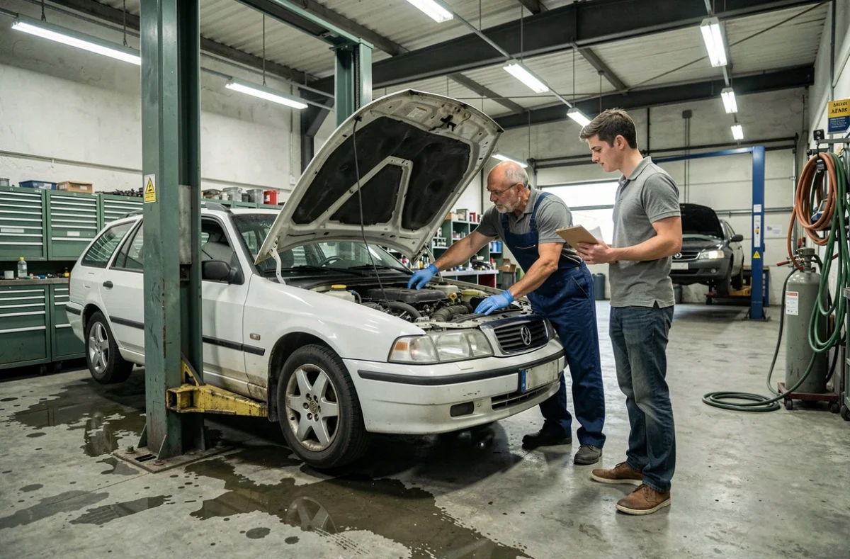 Mécanicien expliquant l'état du moteur d'une voiture d'occasion à un acheteur dans un garage