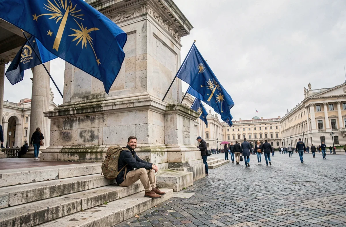Voyageur assis sur les marches d'un monument historique entouré de drapeaux bleus et dorés dans une grande place publique