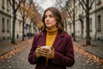 Femme portant un manteau bordeaux et un pull moutarde en hiver dans une rue pavée européenne