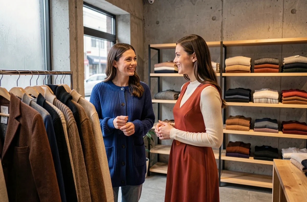 Deux femmes choisissant des vêtements colorés dans une boutique minimaliste en hiver