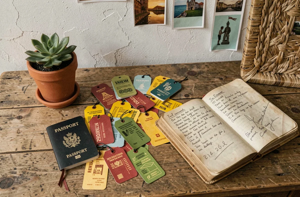 Passeport, étiquettes de bagage colorées et journal de voyage disposés sur une table en bois rustique pour illustrer les couleurs du tourisme