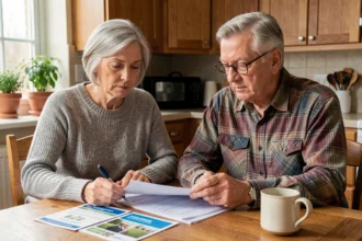 Couple quinquagénaire examinant des documents administratifs liés à l'adoption à leur table de cuisine