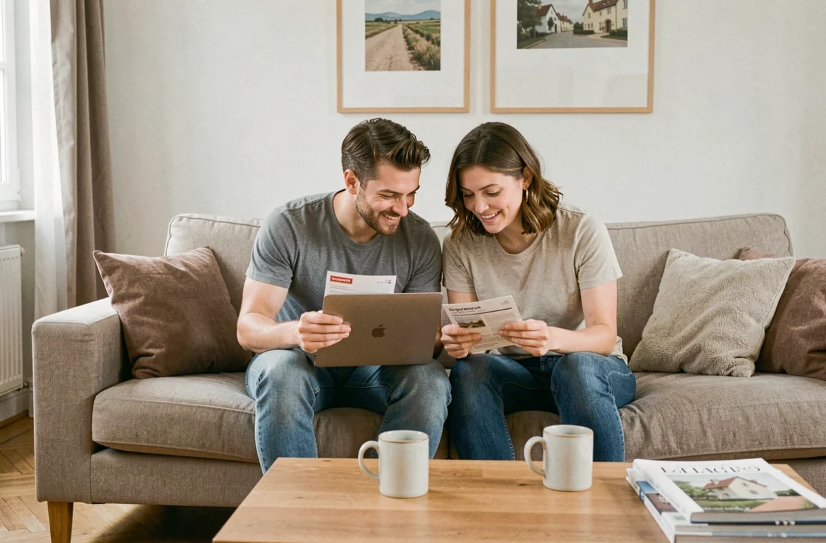 Couple comparant des offres d'assurance habitation sur un ordinateur portable dans leur salon