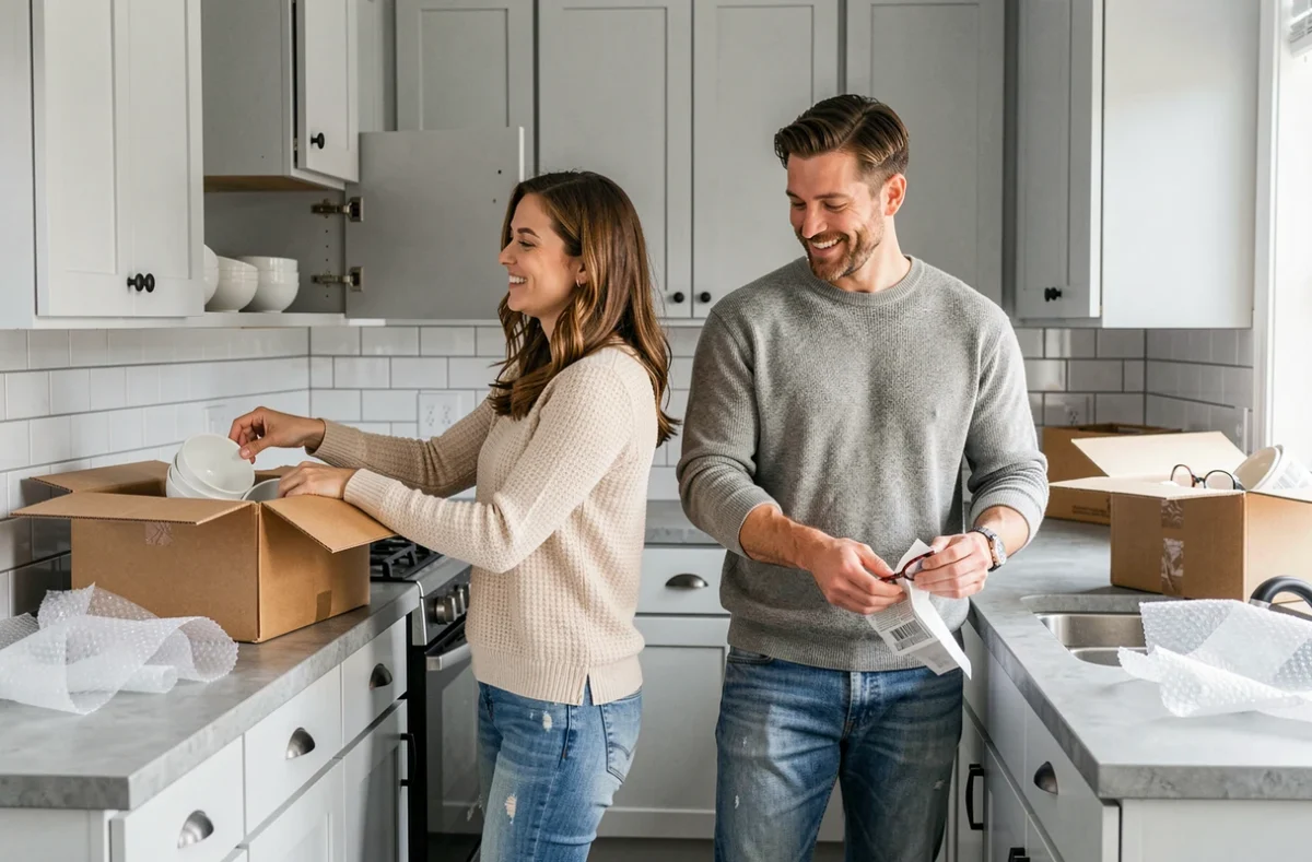 Couple en train de déballer la vaisselle dans leur nouvelle cuisine moderne après un déménagement réussi