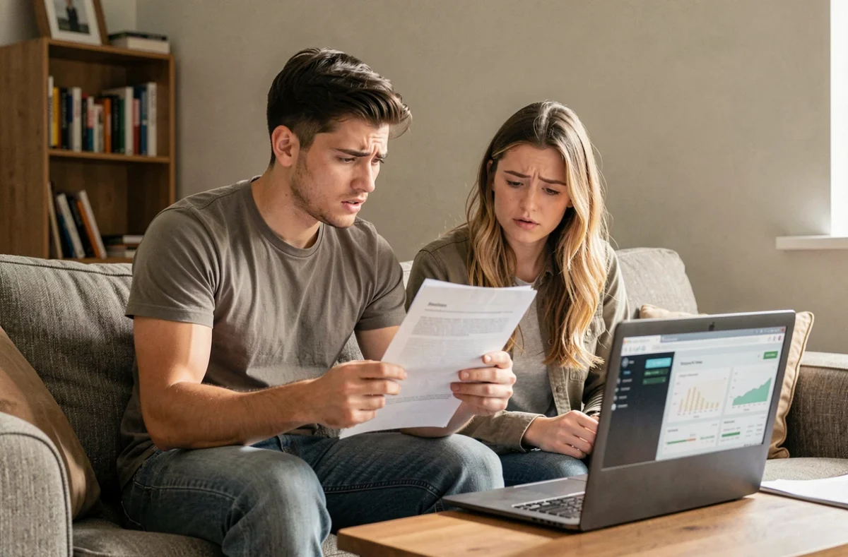Couple de jeunes adultes examinant ensemble des documents financiers et un ordinateur portable dans leur appartement, illustrant les défis de la gestion commune des finances personnelles