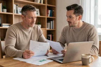Couple examinant des documents d'investissement immobilier sur une table en bois dans un appartement moderne