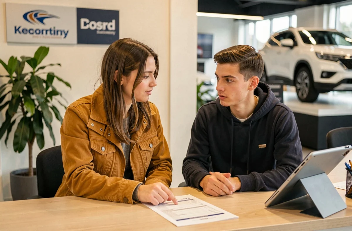 Un jeune couple discute d'un geste commercial sur le prix d'une voiture dans une concession automobile