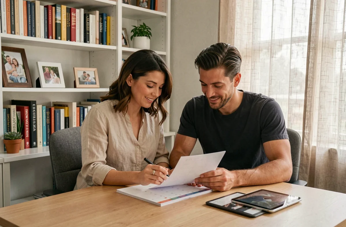 Couple planifiant ensemble l'organisation familiale et professionnelle autour d'un calendrier partagé à la maison