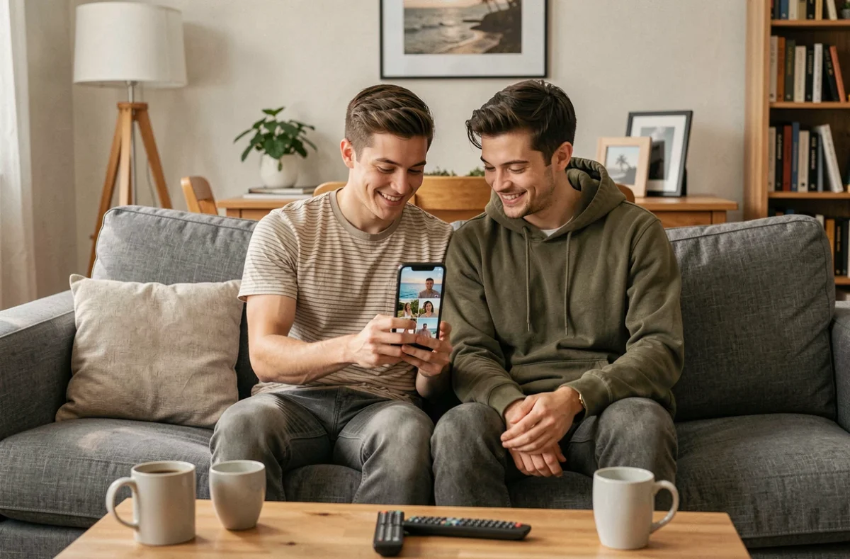 Couple partageant un album photo commun via une application de stockage cloud sur smartphone dans leur salon