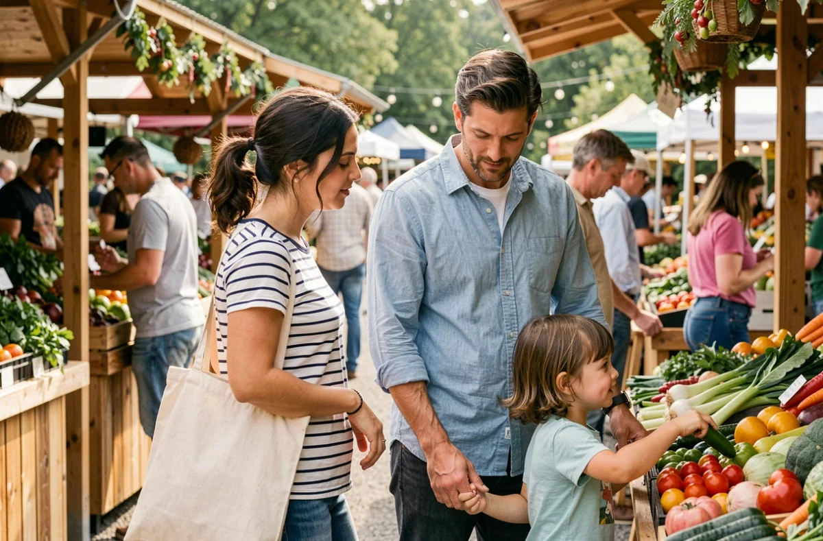 Couple recomposé avec une petite fille au marché en plein air, partageant un moment familial détendu le week-end