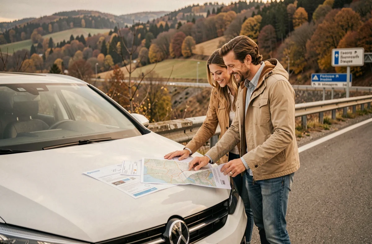 Un couple consulte des documents d'immatriculation et une carte routière à côté de leur voiture achetée en Allemagne, garée près de la frontière franco-allemande