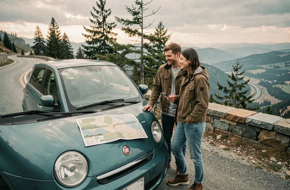 Couple en road trip de montagne consultant une carte sur le capot d'une voiture, illustration de la liberté offerte par l'automobile