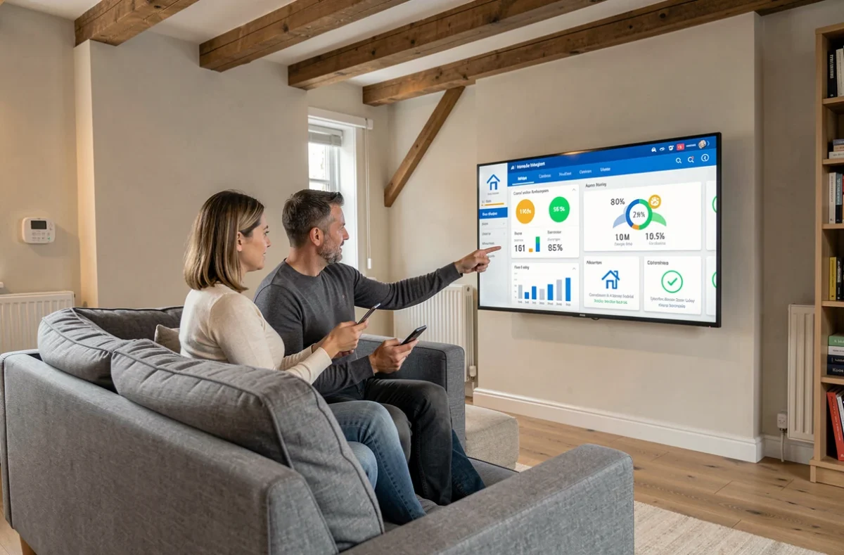 Couple examinant un tableau de bord d'intelligence artificielle pour optimiser la consommation énergétique de leur maison connectée