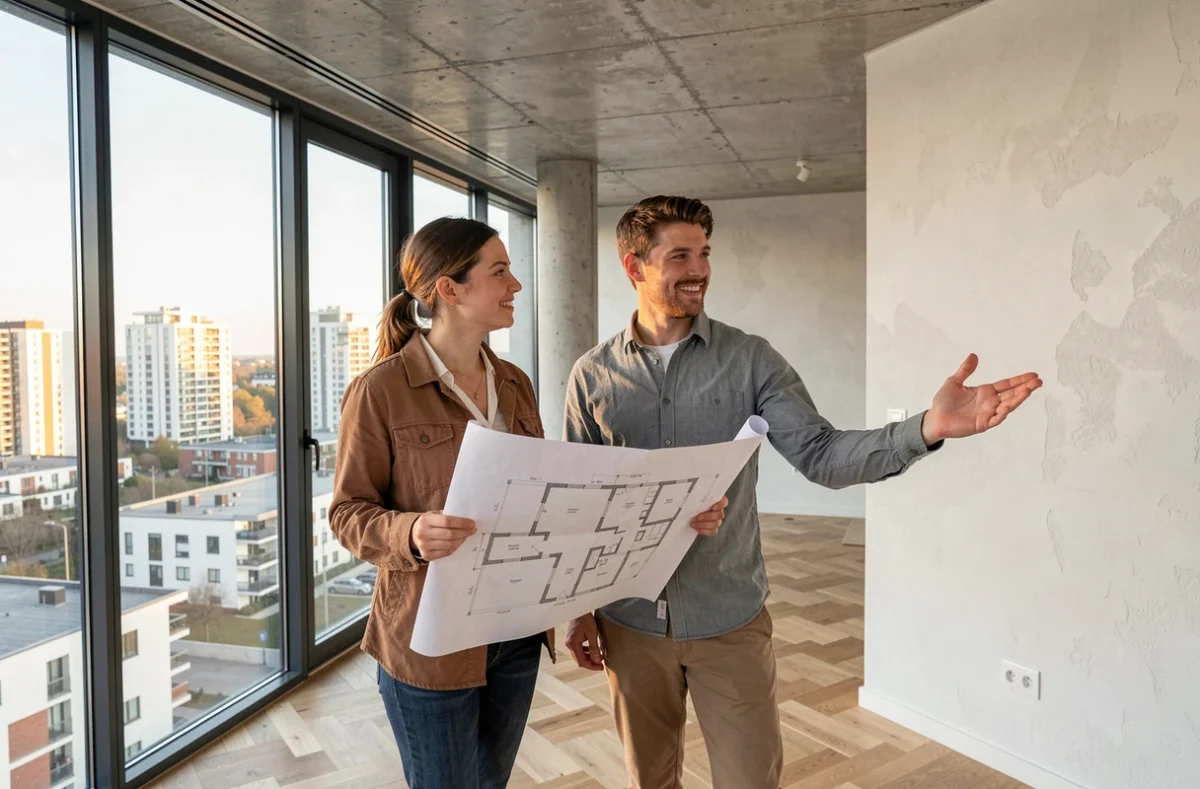 Couple visitant un appartement neuf en France avec vue sur un quartier en développement, tenant des plans architecturaux dans un intérieur moderne