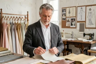 Créateur de mode célèbre examinant des échantillons de tissu dans un atelier parisien de haute couture