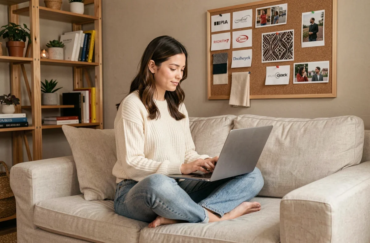 Créatrice de contenu rédigeant un email de prospection pour collaborer avec des marques depuis son studio personnel à domicile