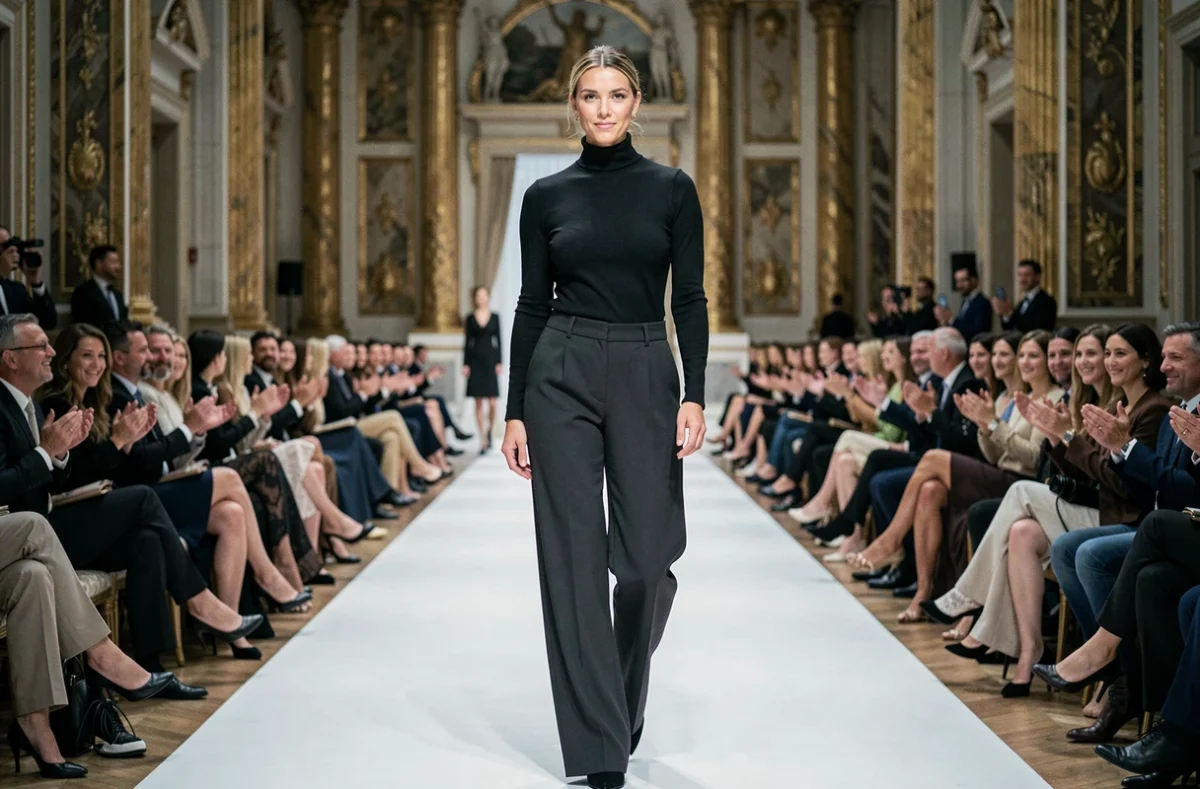 Créatrice de mode renommée saluant à la fin d'un défilé de haute couture dans une salle dorée