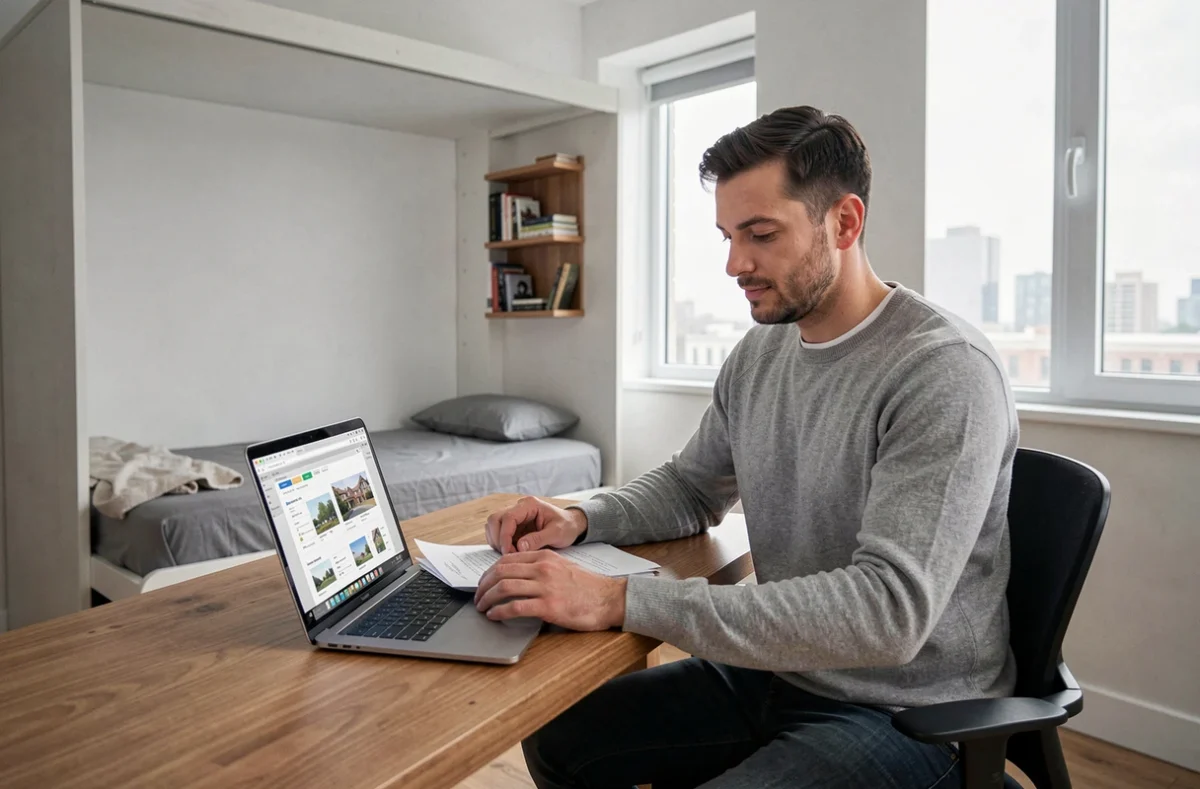 Homme étudiant des données immobilières sur ordinateur dans un studio compact et bien aménagé