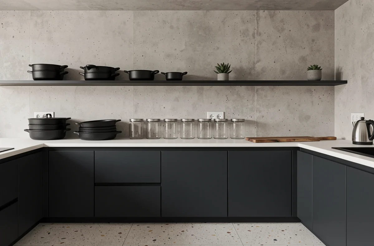 Vue grand angle d'une cuisine minimaliste avec étagères ouvertes organisées, bocaux en verre alignés et casseroles en fonte empilées
