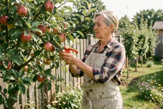 Femme jardinière taillant un pommier dans un verger résidentiel bien entretenu