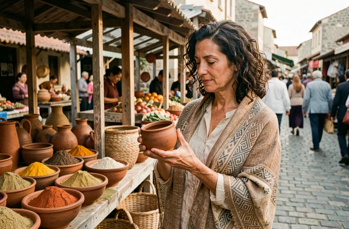 Femme contemplant une céramique artisanale traditionnelle dans un marché culturel en plein air