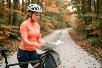 Cycliste femme consultant une carte papier sur un chemin de forêt en automne lors d'une randonnée à vélo