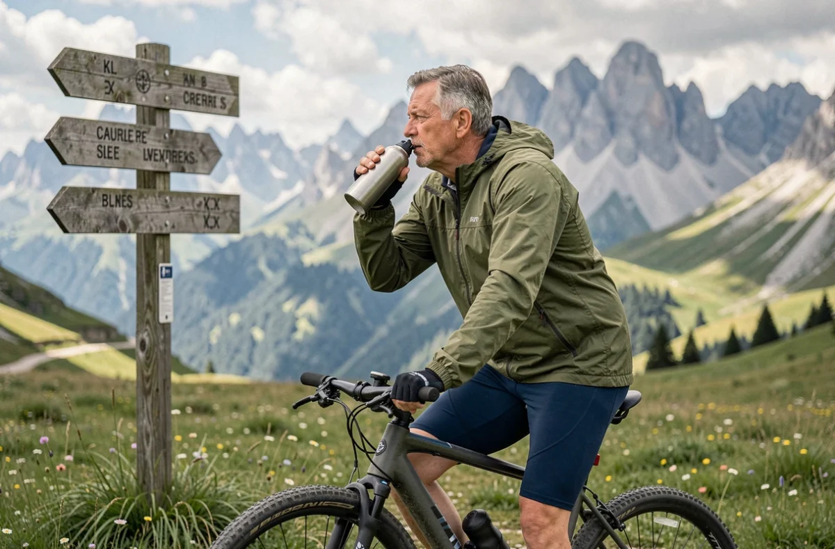 Cycliste senior faisant une pause en montagne avec son vélo gravel lors d'une randonnée alpine