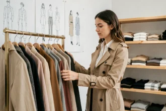 Jeune femme stylée dans une boutique parisienne minimaliste examinant des vêtements de mode