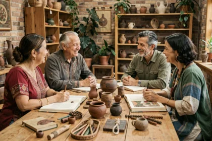 Groupe de personnes de cultures différentes échangeant autour d'objets artisanaux et de livres dans un espace culturel chaleureux