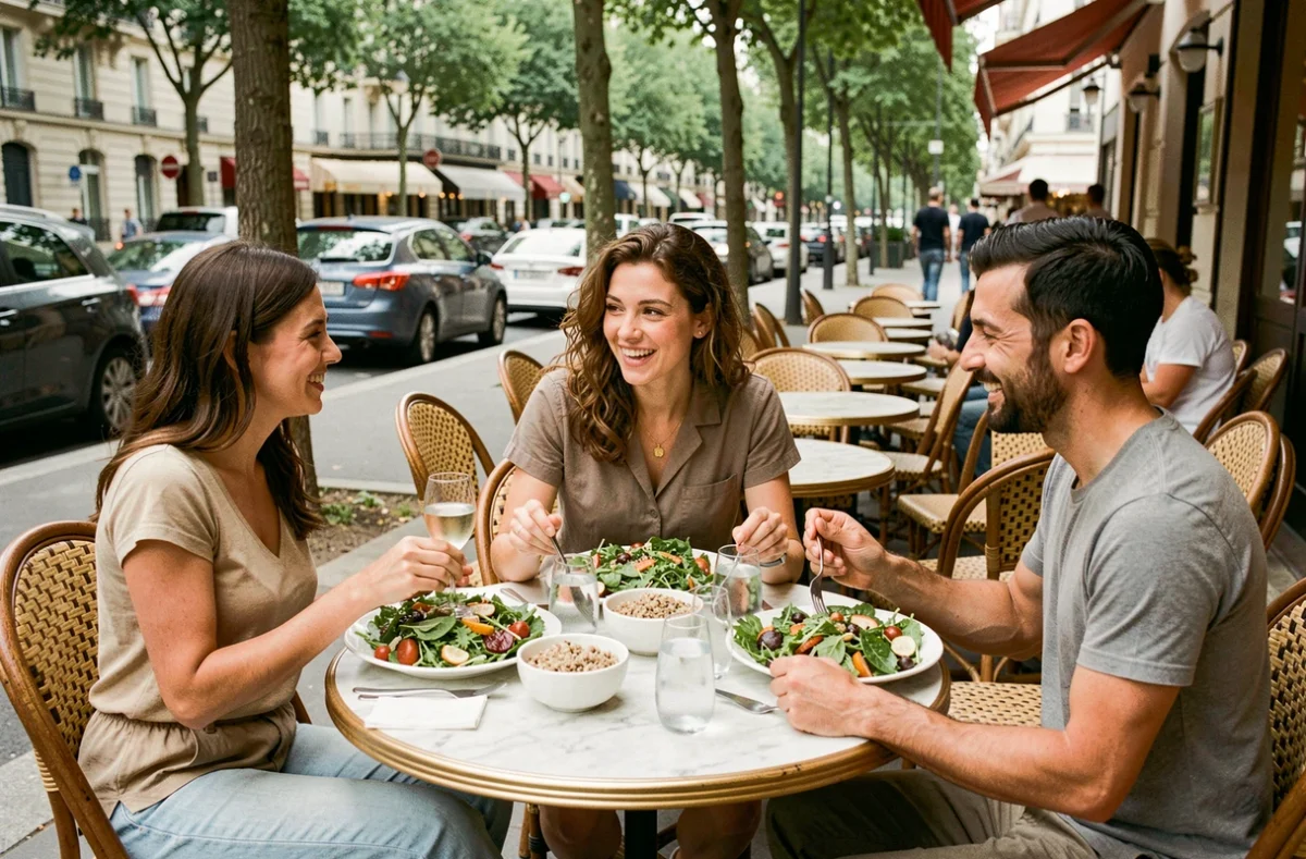 Collègues déjeunant en terrasse parisienne avec des salades fraîches, nouvelles habitudes alimentaires liées à la chaleur