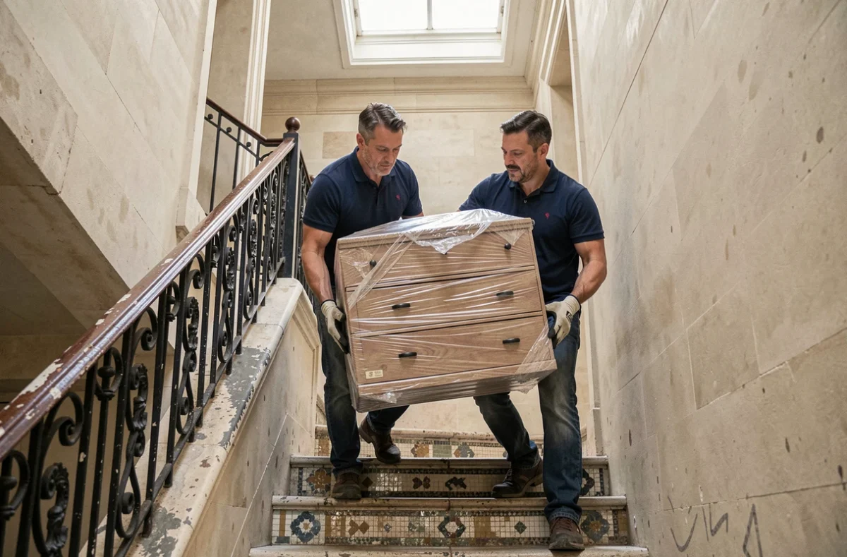 Deux déménageurs professionnels portant un meuble emballé dans l'escalier d'un immeuble haussmannien