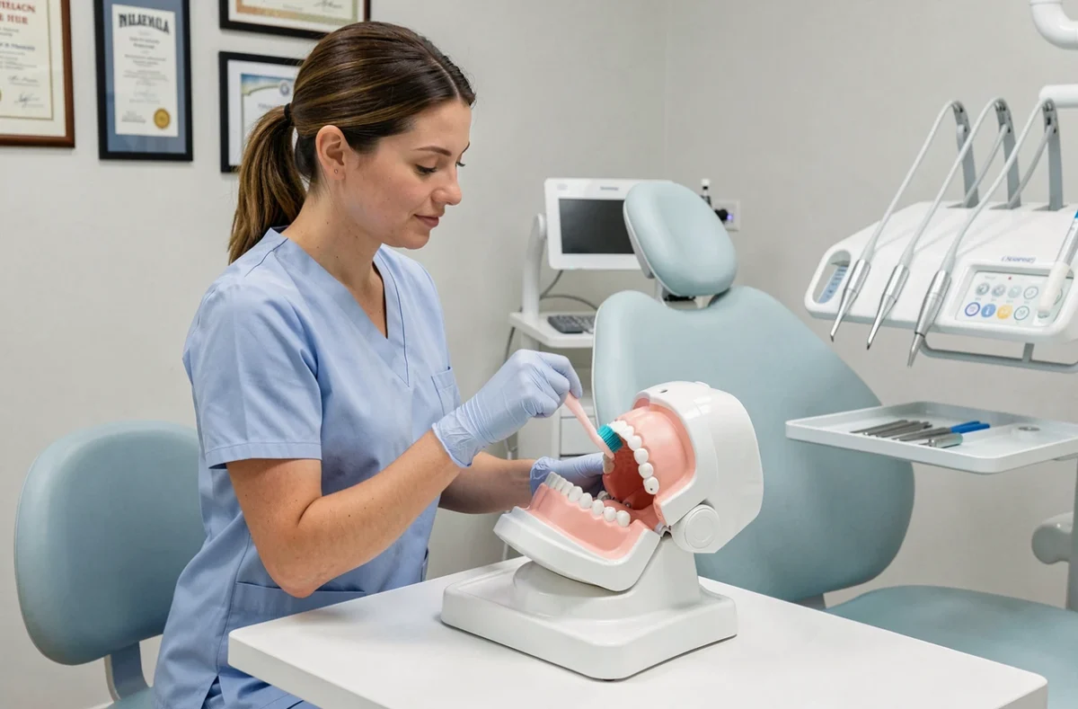 Hygiéniste dentaire démontrant la technique de brossage correcte sur un modèle dentaire dans un cabinet dentaire moderne