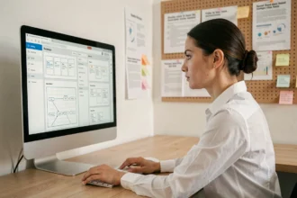 Designer UX analysant des normes d'interface utilisateur sur un grand écran avec des wireframes et grilles de conception