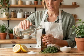 Femme préparant un désinfectant naturel maison à base de vinaigre blanc et citron dans une cuisine en bois