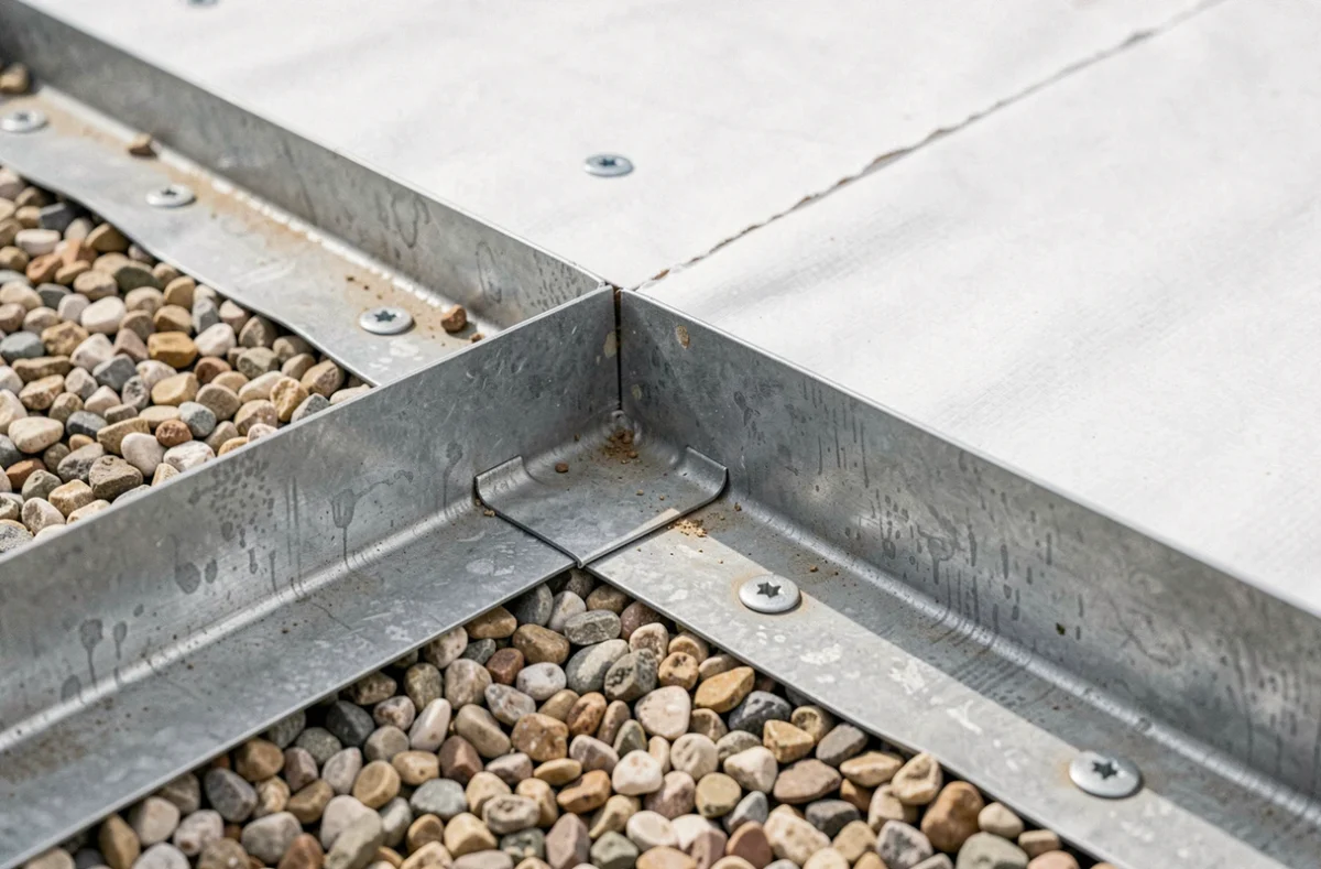 Détail de jonction entre membrane TPO et rive en zinc sur un toit à très faible pente avec lest de gravier