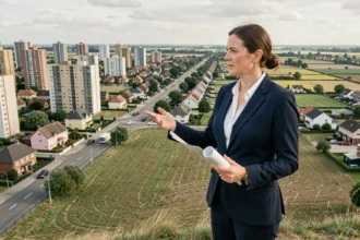 Professionnelle de l'urbanisme debout à la limite d'une zone urbaine tenant une carte architecturale, illustrant la détermination des périmètres urbains