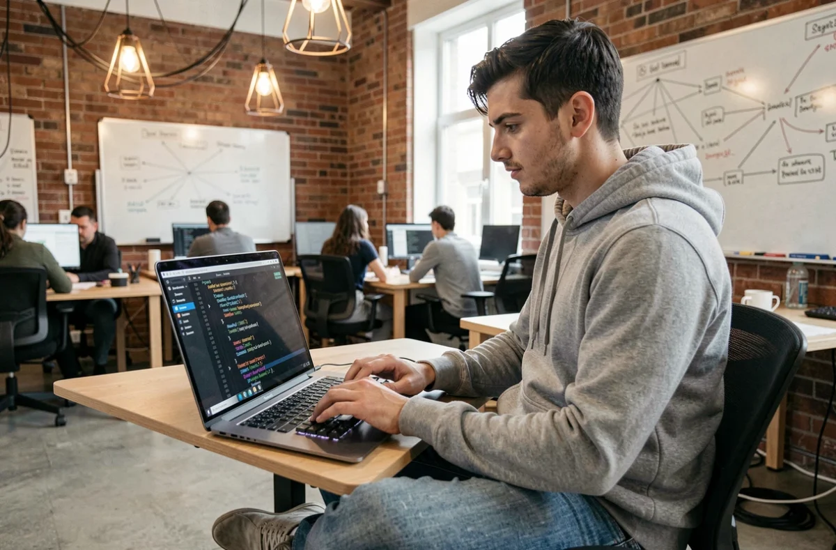 Jeune développeur en sécurité informatique travaillant sur un audit de code dans un espace de coworking technologique